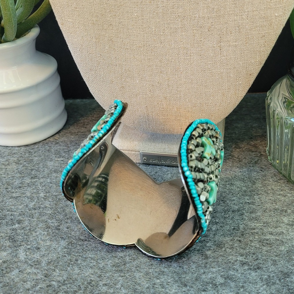 Turquoise Cross Beaded Wide Cuff Bracelet Silver Tone Boho Southwestern 6.5in - Picture 5 of 6